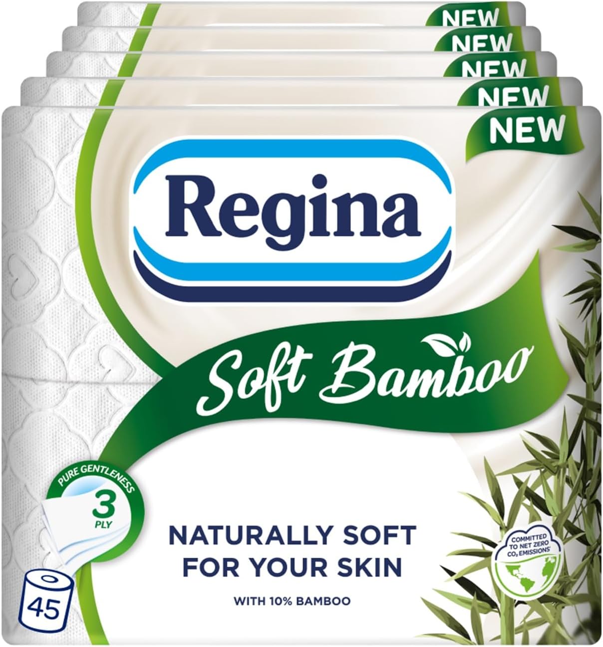 Regina Soft Bamboo - 45 Rolls of Toilet Tissue 3 Ply, 160 Sheets, Naturally Soft for your Skin, Toilet Tissue Made with Bamboo Fibers, Paper Packaging, FSC Certificated