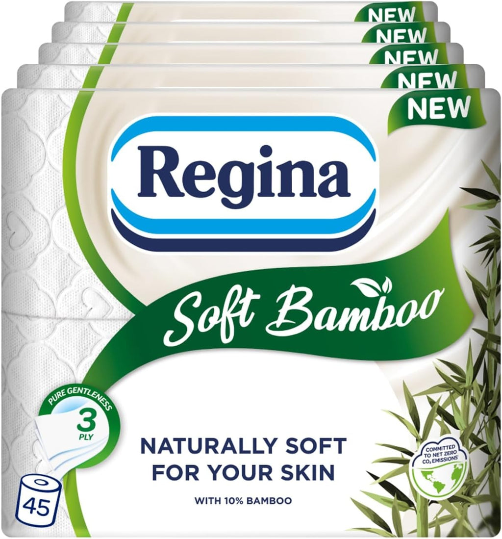 Regina Soft Bamboo - 45 Rolls of Toilet Tissue 3 Ply, 160 Sheets, Naturally Soft for your Skin, Toilet Tissue Made with Bamboo Fibers, Paper Packaging, FSC Certificated