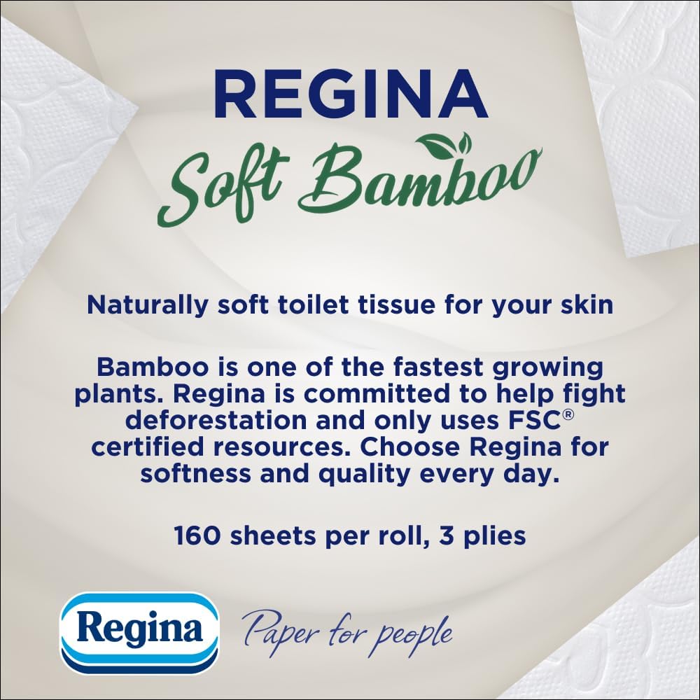 Regina Soft Bamboo - 45 Rolls of Toilet Tissue 3 Ply, 160 Sheets, Naturally Soft for your Skin, Toilet Tissue Made with Bamboo Fibers, Paper Packaging, FSC Certificated