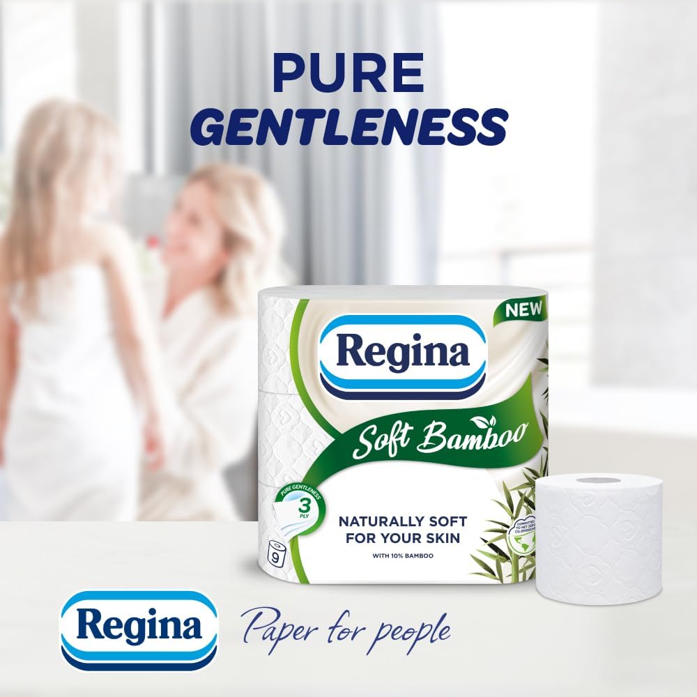 Regina Soft Bamboo - 45 Rolls of Toilet Tissue 3 Ply, 160 Sheets, Naturally Soft for your Skin, Toilet Tissue Made with Bamboo Fibers, Paper Packaging, FSC Certificated