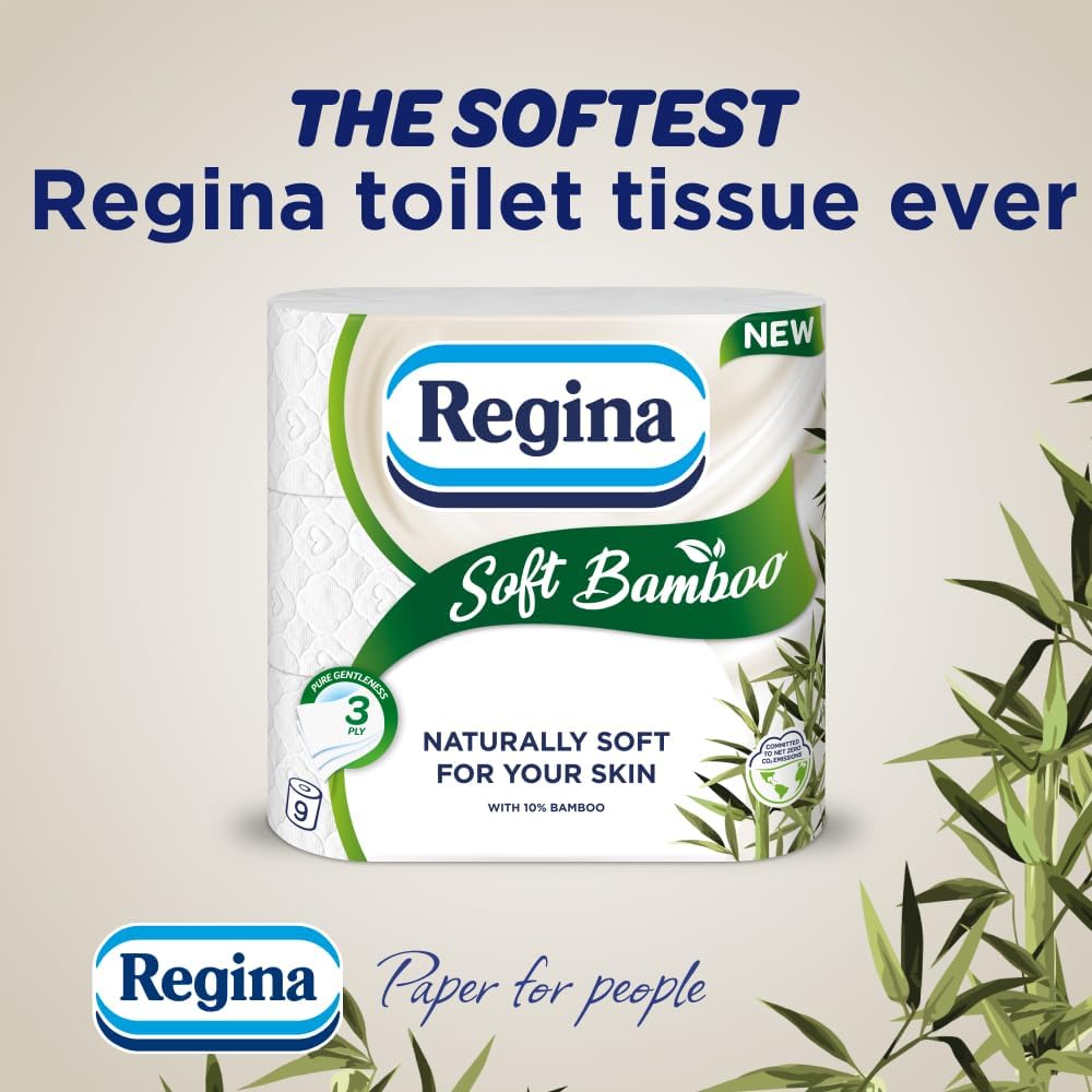 Regina Soft Bamboo - 45 Rolls of Toilet Tissue 3 Ply, 160 Sheets, Naturally Soft for your Skin, Toilet Tissue Made with Bamboo Fibers, Paper Packaging, FSC Certificated