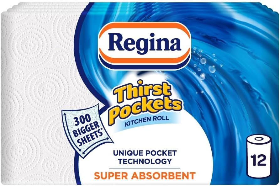 Regina Thirst Pockets Kitchen Roll - 12 Rolls, 1,200 Super Absorbent Sheets, Unique Pocket Technology, Your Ideal Kitchen Companion, FSC certified product