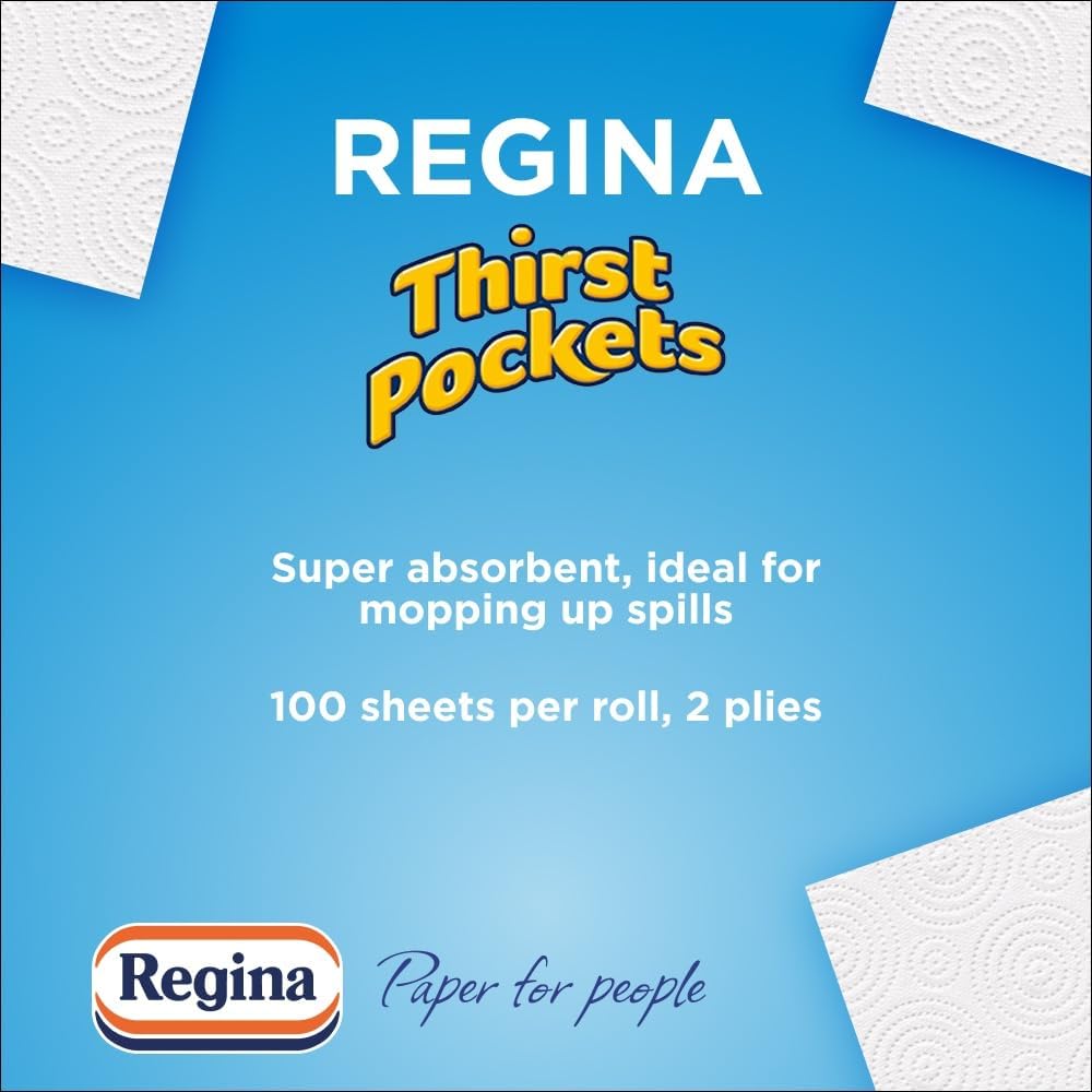 Regina Thirst Pockets Kitchen Roll - 12 Rolls, 1,200 Super Absorbent Sheets, Unique Pocket Technology, Your Ideal Kitchen Companion, FSC certified product