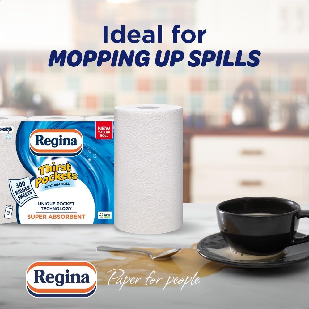 Regina Thirst Pockets Kitchen Roll - 12 Rolls, 1,200 Super Absorbent Sheets, Unique Pocket Technology, Your Ideal Kitchen Companion, FSC certified product