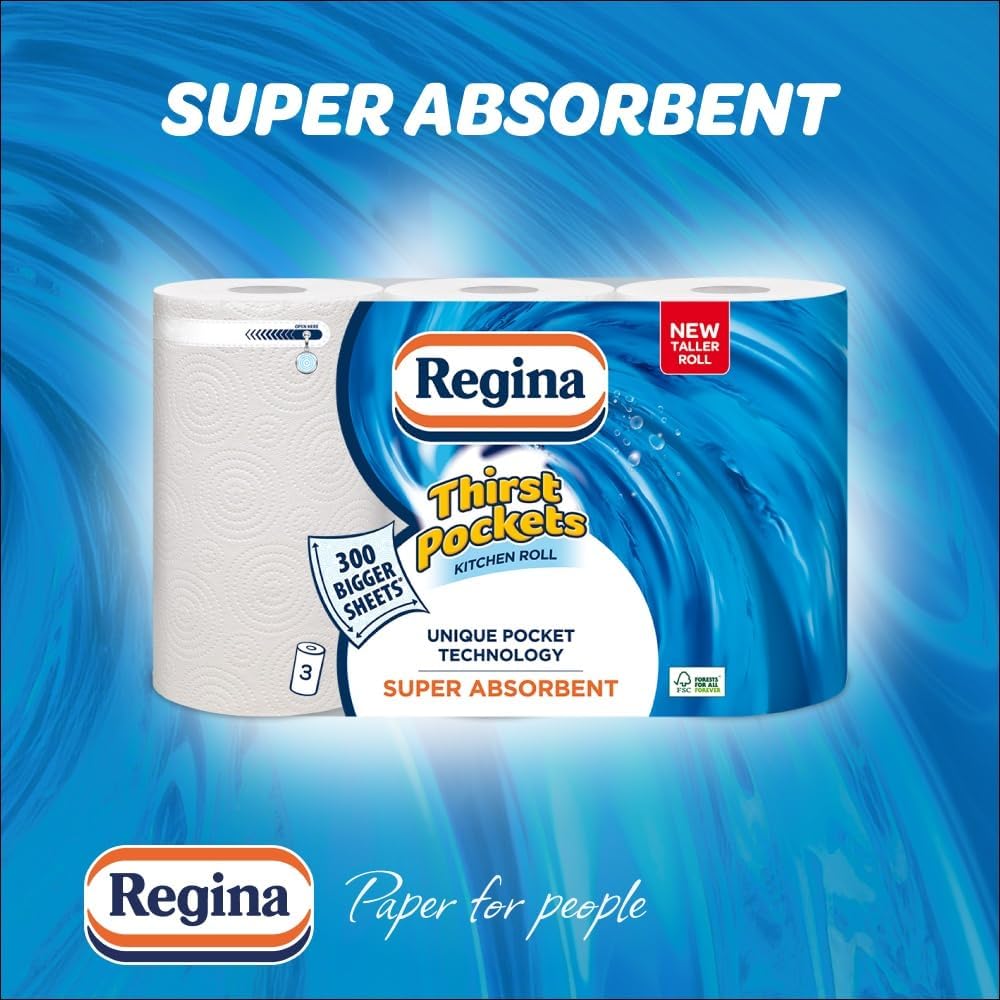 Regina Thirst Pockets Kitchen Roll - 12 Rolls, 1,200 Super Absorbent Sheets, Unique Pocket Technology, Your Ideal Kitchen Companion, FSC certified product