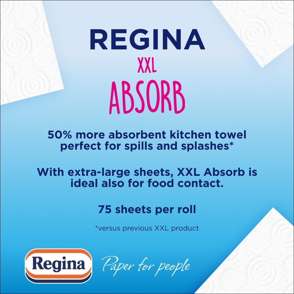 Regina XXL Absorb Kitchen Towels – 16 Rolls Per Pack, Super Absorbent 2-ply sheets, 75 Extra-large Sheets Per Roll, 50% More Absorbent Than Previous XXL Products, Easy Open Pack, 60% PCR Plastic