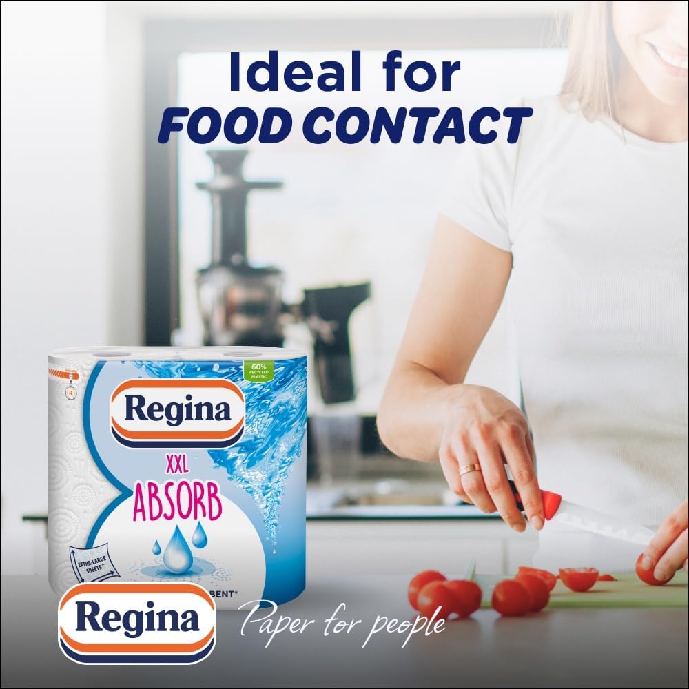 Regina XXL Absorb Kitchen Towels – 16 Rolls Per Pack, Super Absorbent 2-ply sheets, 75 Extra-large Sheets Per Roll, 50% More Absorbent Than Previous XXL Products, Easy Open Pack, 60% PCR Plastic