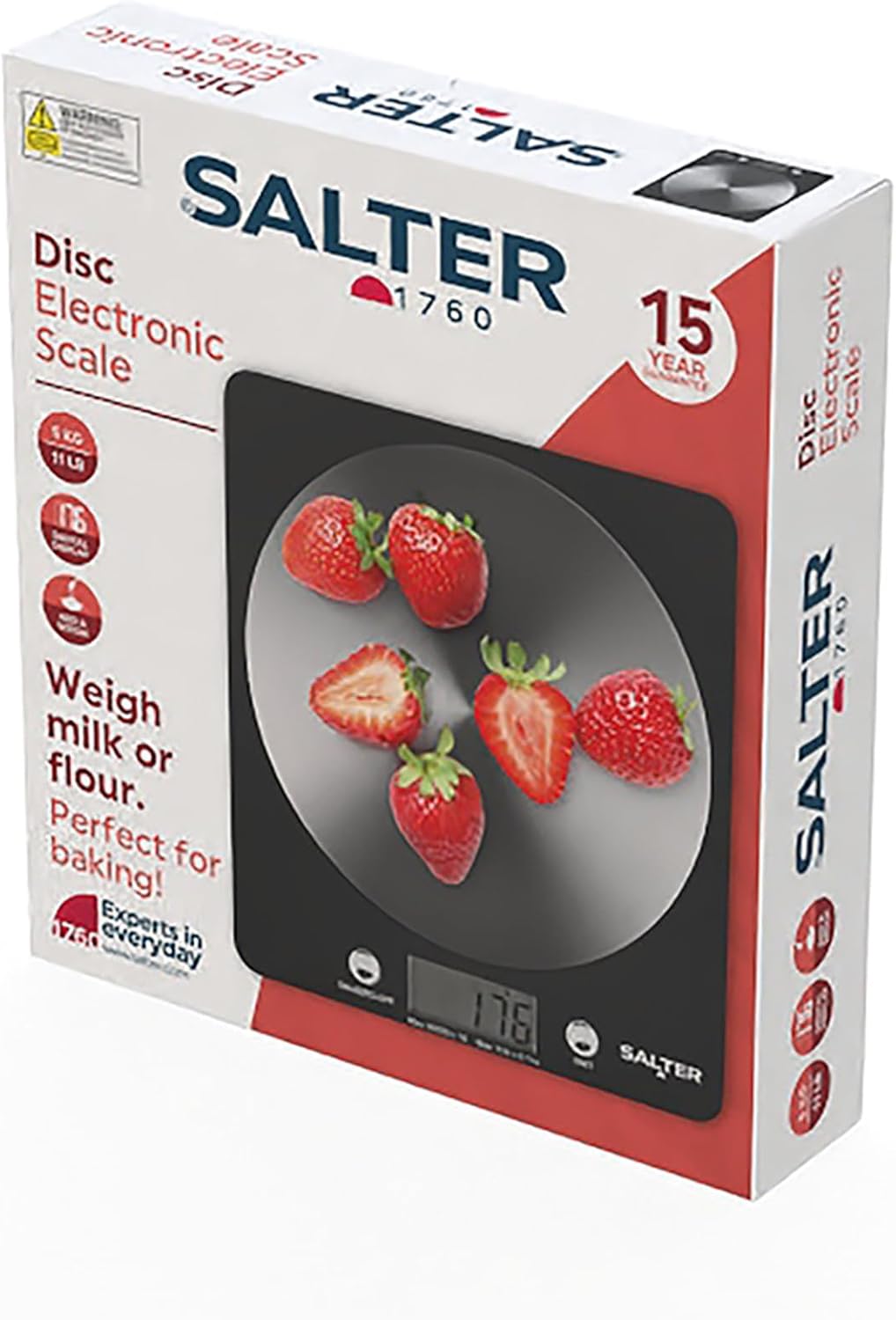 Salter 1036 BKSSDR Digital Kitchen Scale – Cooking & Baking Scales for Food Weight, Stainless Steel Weighing Platform, 5KG Capacity, Tare Function, Large LCD Easy Read Display, Measure Liquids, Black