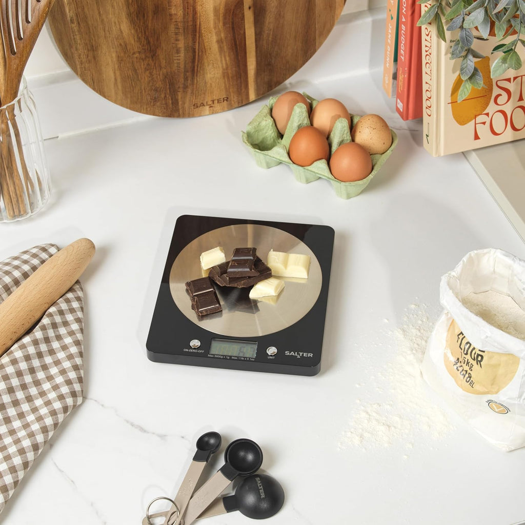 Salter 1036 BKSSDR Digital Kitchen Scale – Cooking & Baking Scales for Food Weight, Stainless Steel Weighing Platform, 5KG Capacity, Tare Function, Large LCD Easy Read Display, Measure Liquids, Black