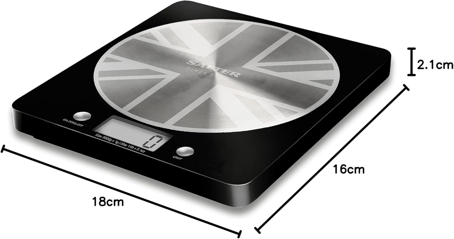 Salter 1036 BKSSDR Digital Kitchen Scale – Cooking & Baking Scales for Food Weight, Stainless Steel Weighing Platform, 5KG Capacity, Tare Function, Large LCD Easy Read Display, Measure Liquids, Black