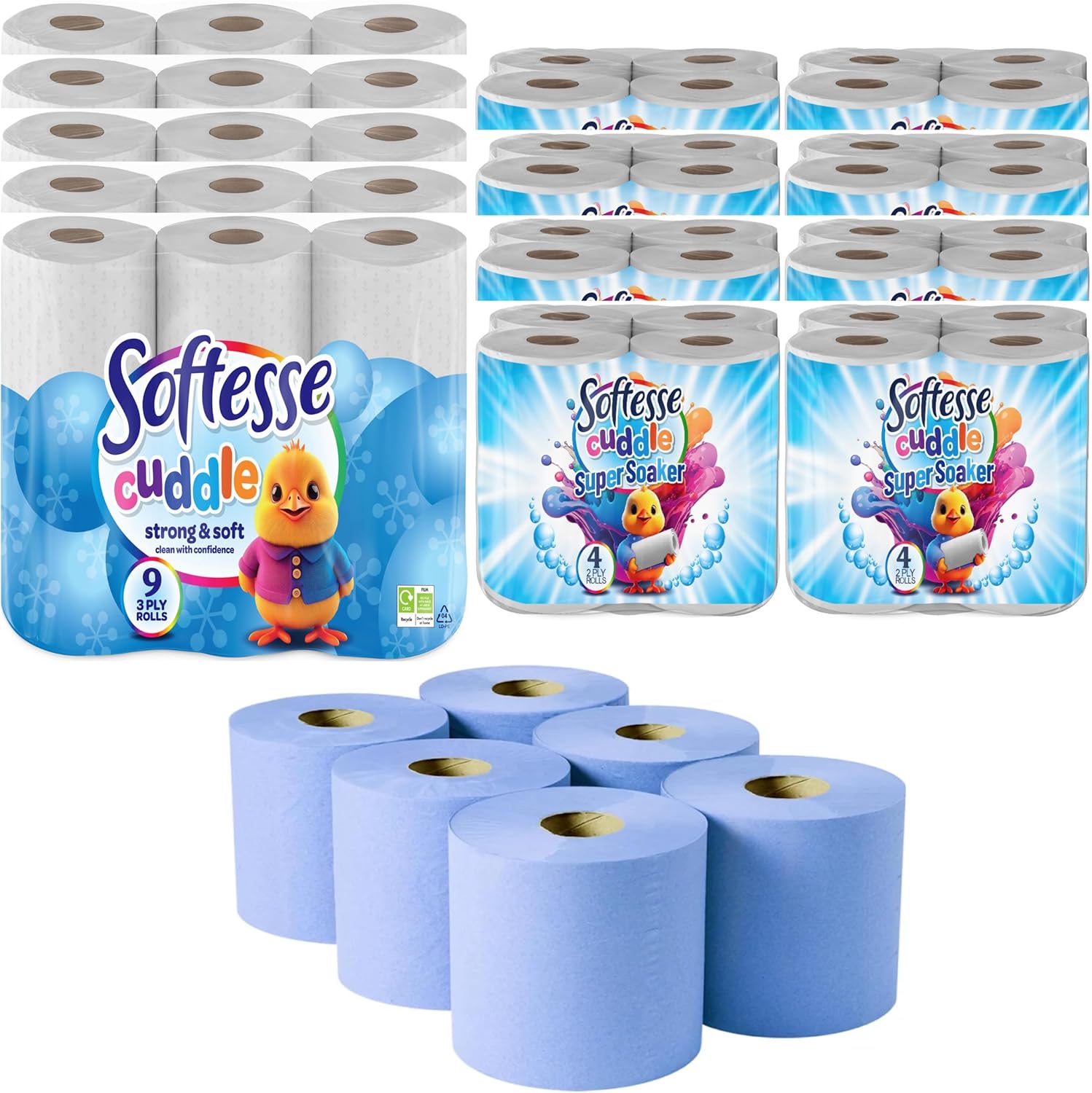 Cuddle Mega Tissue Rolls Bundle Set – 45 Luxury 3-Ply Toilet Rolls, 24 Kitchen Rolls, 6 Multipurpose Blue Rolls – Bulk Buy Savings, Ultra-Soft, Durable, Eco-Friendly Design