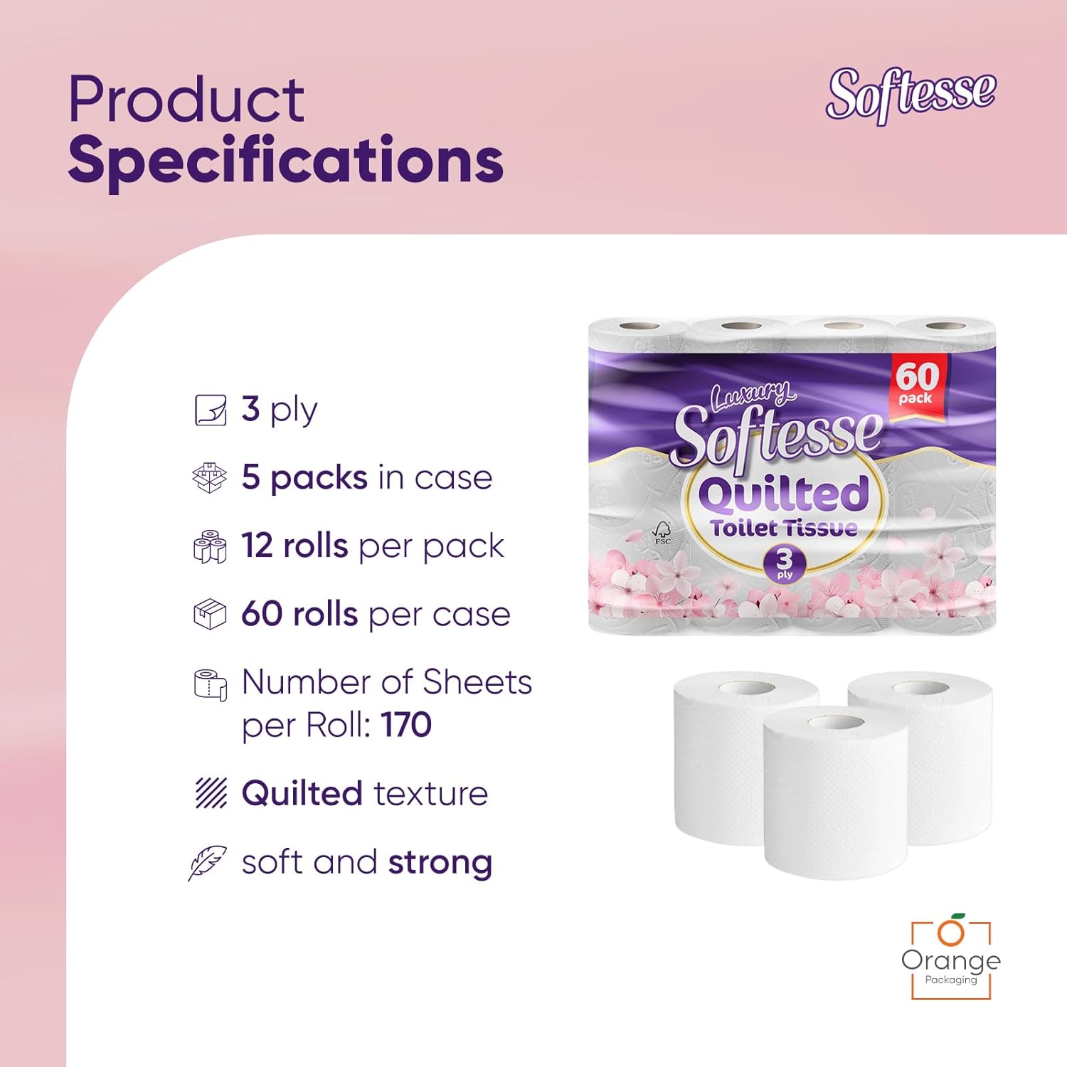 Toilet Paper 60 Rolls, 3 Ply Toilet Rolls Bulk Buy, Luxuriously Soft, Gentle and Hypoallergenic Sustainable Toilet Rolls - Quilted Toilet Roll for Your Family - Dermatologically Tested
