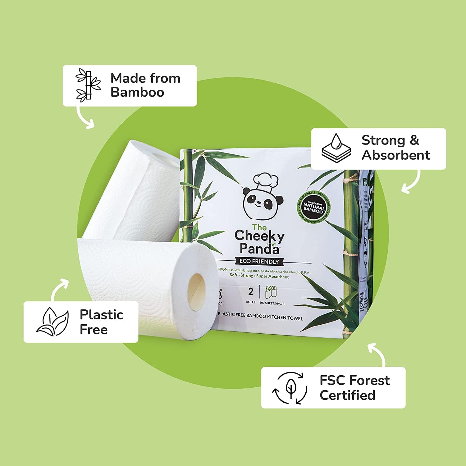 The Cheeky Panda Bamboo Kitchen Roll | 10 Kitchen Rolls - 1000 Super Strong Sheets | Naturally Strong and Absorbent Plastic Free Kitchen Paper Towels