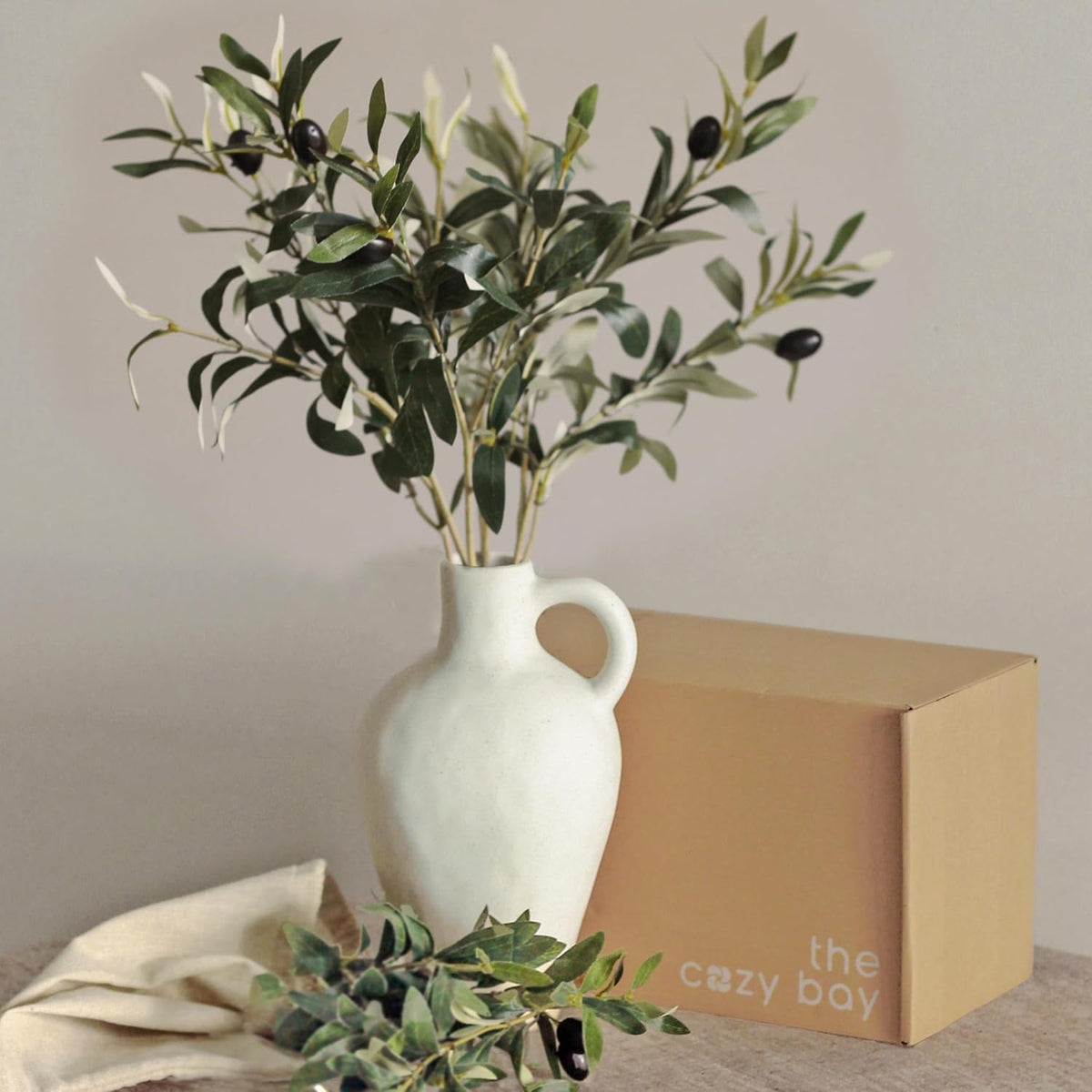 Room Accessories - White Ceramic Vase with 55 cm Olive Branches