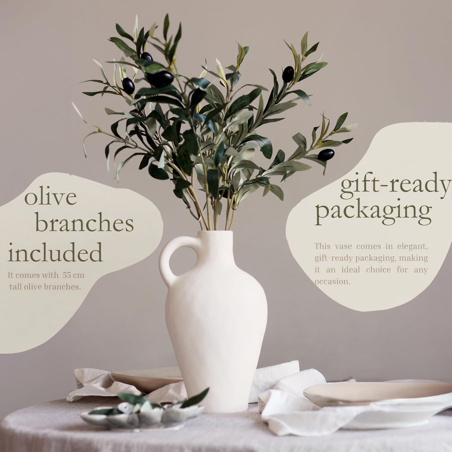 Room Accessories - White Ceramic Vase with 55 cm Olive Branches