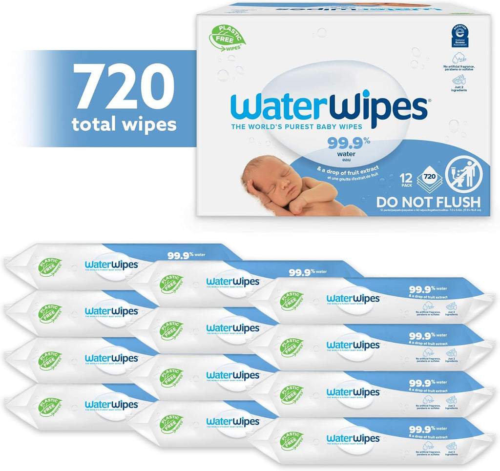 WaterWipes Original Baby Wipes, 720 Count (12 Packs), 99.9% Water, 3-In-1 Cleans, Cares, Protects, Unscented, Packaging May Vary
