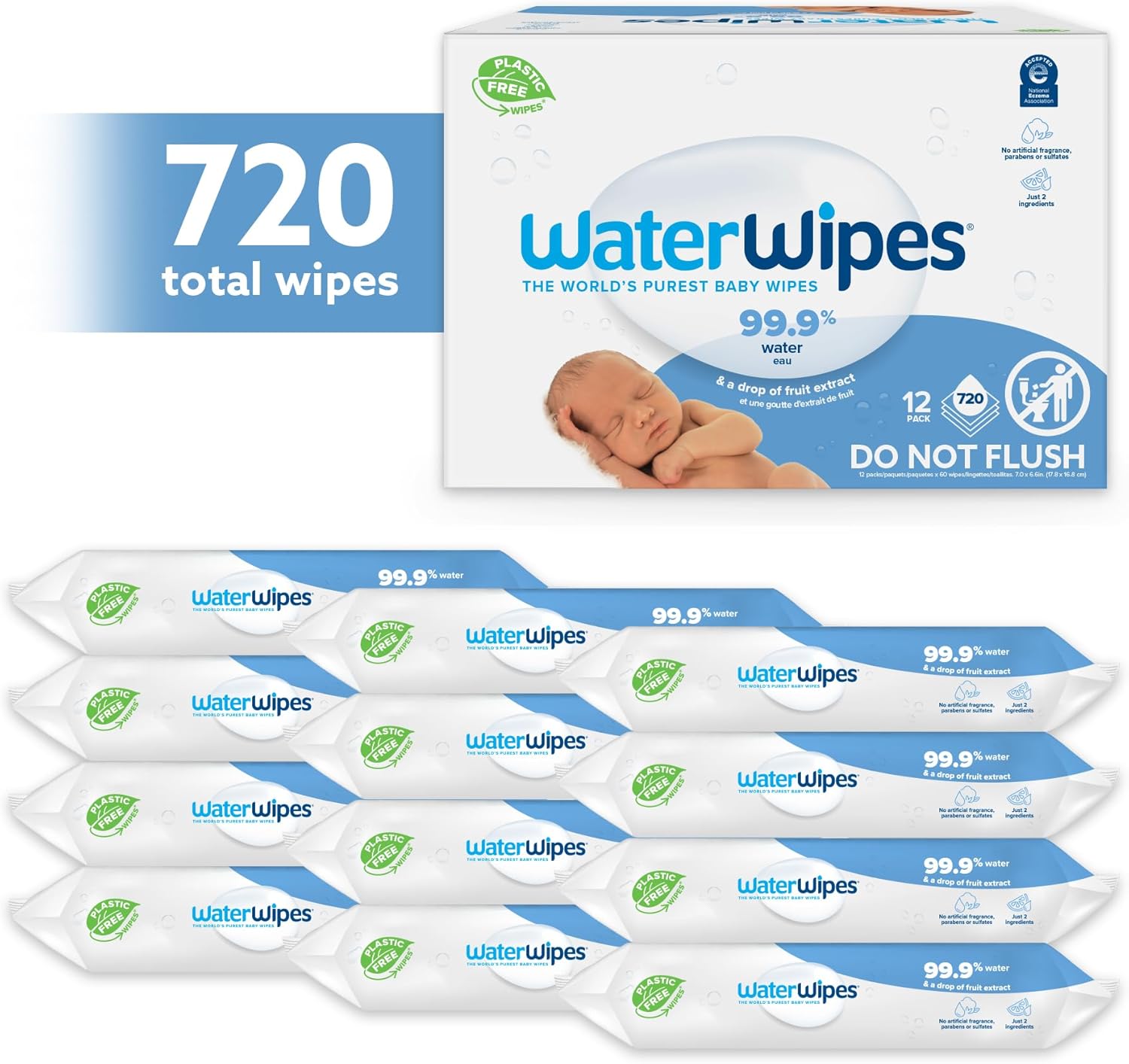 WaterWipes Original Baby Wipes, 720 Count (12 Packs), 99.9% Water, 3-In-1 Cleans, Cares, Protects, Unscented, Packaging May Vary